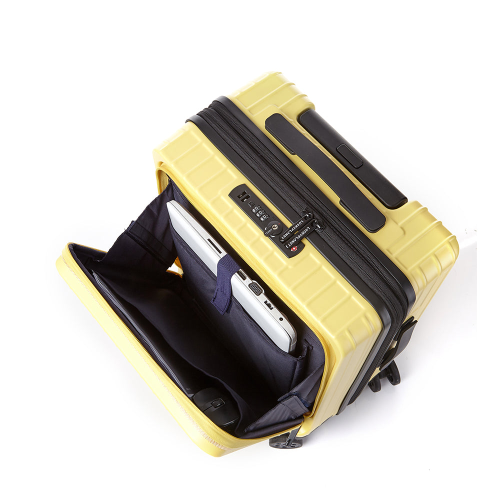 Gobeyond carry on suitcase Yellow with laptop pocket and cup holder