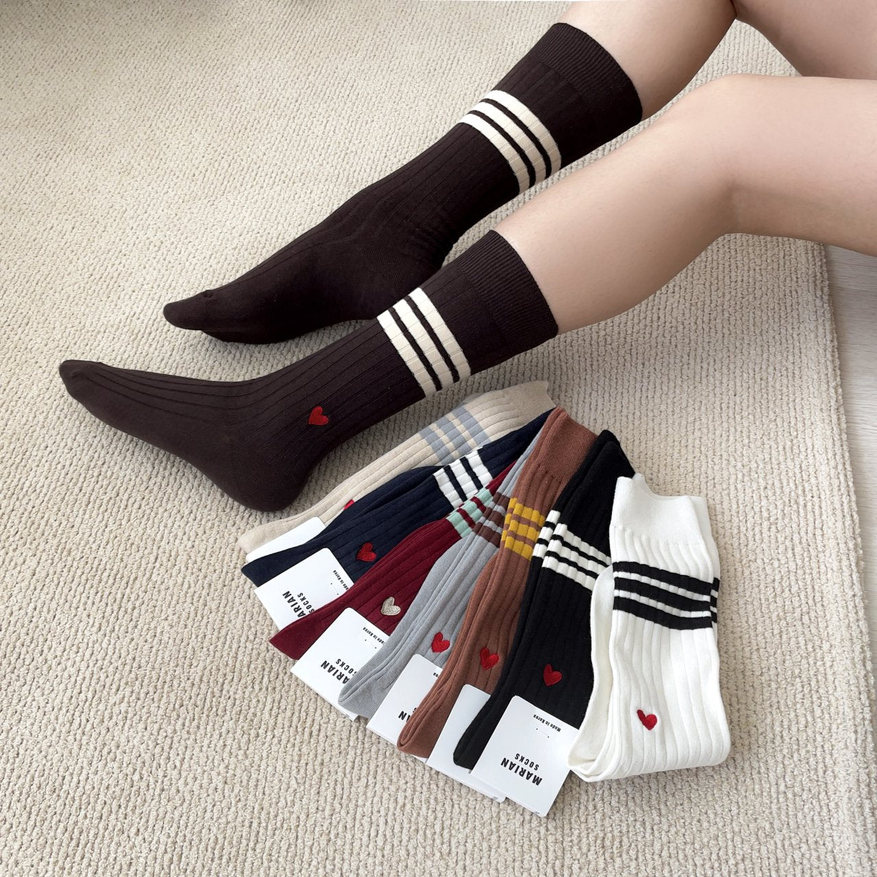 Heart Daily Cotton Middle Socks- Leggings Socks, 2 Line workout Socks, Premium Quality Cotton Soft Socks - MidCalf Socks , sports Crew Socks