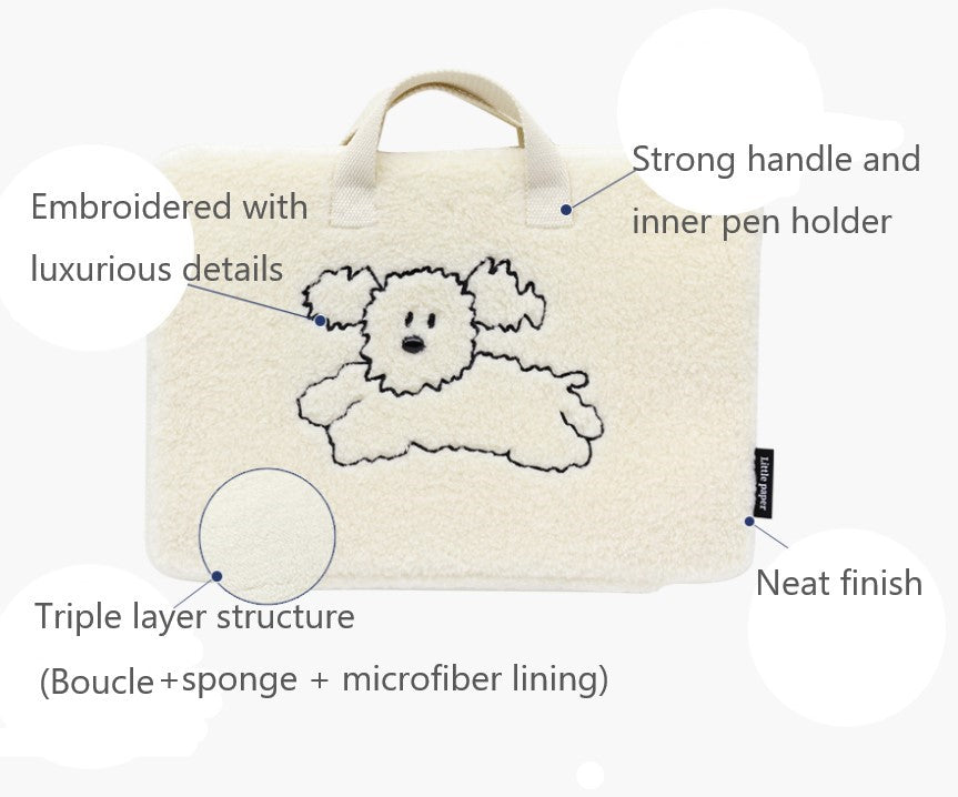 Little Paper Doggy Fluffy Laptop Bag with Handle, Pocket